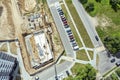 Construction of concrete foundation for new apartment building. aerial top drone view Royalty Free Stock Photo