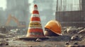 a construction cone and a hard hat sitting on a pile of rubble Royalty Free Stock Photo