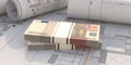 Construction cost budget concept. Money european euro banknotes on blueprint plans background. Construction budget concept. 3d