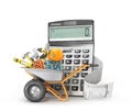 Construction costs concept. Construction tools in the wheelbarrow near calculator with a check