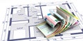 Construction costs: construction plan and Euro banknotes