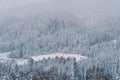 Construction crane above a snow-covered multi-story hotel in the middle of a forest in the mountains. Top view Royalty Free Stock Photo