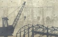 Construction crane and carcass of an unfinished building cast a shadow on the concrete wall. Conceptual creative illustration with