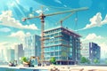 Construction crane constructing modern office building with mirrored facade on a sunny day Royalty Free Stock Photo