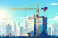 Construction crane constructing modern office building with mirrored facade on sunny day Royalty Free Stock Photo