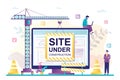 Construction crane hangs poster on monitor - site under reconstruction. Error 404. Page is not found. Internet connection problem