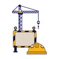 Construction crane and helmet with blank sign blue lines