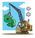 Construction crane lifting a large green dollar si
