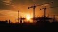 Tower crane and building construction site silhouette at sunrise. Generative AI . Royalty Free Stock Photo