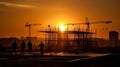 Tower crane and building construction site silhouette at sunrise. Generative AI . Royalty Free Stock Photo