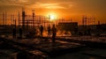 Tower crane and building construction site silhouette at sunrise. Generative AI . Royalty Free Stock Photo