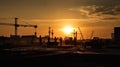 Tower crane and building construction site silhouette at sunrise. Generative AI . Royalty Free Stock Photo