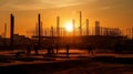 Tower crane and building construction site silhouette at sunrise. Generative AI . Royalty Free Stock Photo