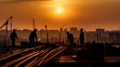 Tower crane and building construction site silhouette at sunrise. Generative AI . Royalty Free Stock Photo