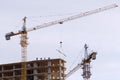 Construction crane supplies workers with materials for the building a new high-rise house. Royalty Free Stock Photo