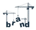 Construction cranes build Brand word vector concept design, conceptual illustration with lettering allegory in progress