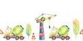 Construction cranes, cement mixers, and orange traffic cones. Seamless border construction site, toys watercolor clipart