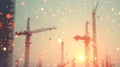 Construction cranes move rhythmically under the skyline, symbolizing progress and worksite efficiency Royalty Free Stock Photo