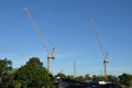 Working Building Cranes by the Canal