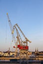 Construction cranes work in the port of Helsinki in winter