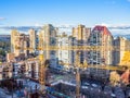 Construction cranes working in downtown Vancouver, BC, Canada