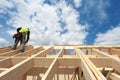 Construction crew working on the roof against blue sky. Royalty Free Stock Photo