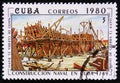 Construction of a Cuban naval vessel `El Rayo`, built in 1749, circa 1980