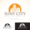 Construction development building company, vector logo design mock up template set. abstract concept skyscraper icon, sun