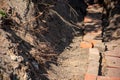 Construction ditch with bricks and plant roots Royalty Free Stock Photo
