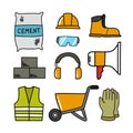 Construction doodle icons set, vector color illustration