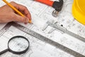 Construction drafts and tools background Royalty Free Stock Photo