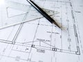 Construction drawing Architecture Detail White paper with dimensions and lines, pencil Royalty Free Stock Photo