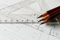 Construction drawing Architecture Detail White paper with dimensions and lines with pencil and ruler Royalty Free Stock Photo