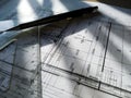Construction drawing Architecture Detail White paper with dimensions and lines with sun rays, pancil and rules Royalty Free Stock Photo