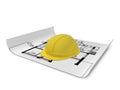 Construction drawings with helmet isolated on white Royalty Free Stock Photo