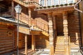 Construction element of a wooden house. Entrance staircase made of wood. Royalty Free Stock Photo