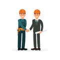 Construction engineer or architect and foreman in hardhats shaking hands vector Illustration on a white background