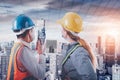 Construction Engineer and Architect Worker Team Supervision Plan to Constructing City Infrastructure Future Project, Double Royalty Free Stock Photo