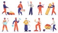 Construction engineer characters. Builders, construction worker people, technician workers in uniform. Labor group