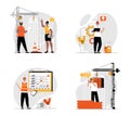 Construction engineer concept with character set. Collection of scenes people work as builders, architects with blueprints, real