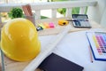 construction engineer office desk architect workplace. engineer drawing objects table with meter, blueprint, hard hat engineering Royalty Free Stock Photo