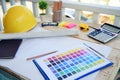 construction engineer office desk architect workplace. engineer drawing objects table with meter, blueprint, hard hat engineering Royalty Free Stock Photo