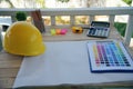 construction engineer office desk architect workplace. engineer drawing objects table with meter, blueprint, hard hat engineering Royalty Free Stock Photo