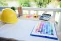 construction engineer office desk architect workplace. engineer drawing objects table with meter, blueprint, hard hat engineering Royalty Free Stock Photo