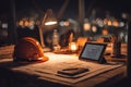 Construction Engineer's Night Workspace with Blueprint and Tablet Royalty Free Stock Photo