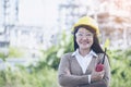 Construction engineer in Safety Suit Trust Team Holding White Yellow Safety hard hat Security Equipment on Construction Site. Royalty Free Stock Photo