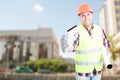 Construction engineer showing debit card Royalty Free Stock Photo