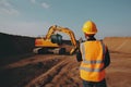 Construction engineer supervising work at building site. Neural network AI generated