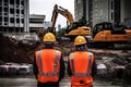 Construction engineer supervising work at building site. Neural network AI generated