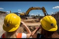 Construction engineer supervising work at building site. Neural network AI generated